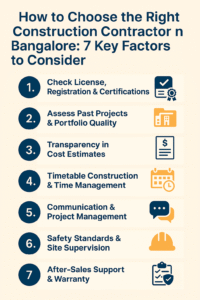 Infographic listing seven key factors for choosing the right construction contractor in Bangalore, including licensing, portfolio, cost transparency, time management, communication, safety, and after-sales support.