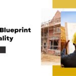 A construction worker in a yellow hard hat reads building plans in front of a partially built brick house, with the text "From Blueprint to Reality" and a "Read Now" button on the left. Discover top residential construction services and house construction companies in Bangalore today.