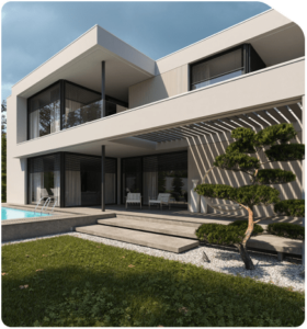 Modern two-story house with large windows, a shaded patio, a green lawn, and a swimming pool, showcasing premium home construction in Bangalore. This design highlights the appeal of house construction packages in Bangalore, offering a blend of modern architecture and functional outdoor spaces.