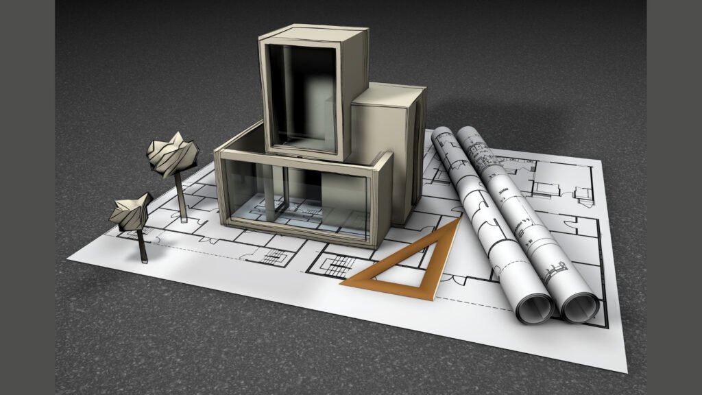 Architectural blueprint with 3D building models, a triangular ruler, and rolled-up plans on a dark surface, representing home construction contractors and home construction in Bangalore