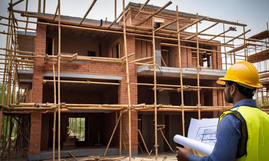 A home construction contractor in a yellow hard hat and vest is examining blueprints in front of a red-brick house under construction, surrounded by wooden scaffolding.