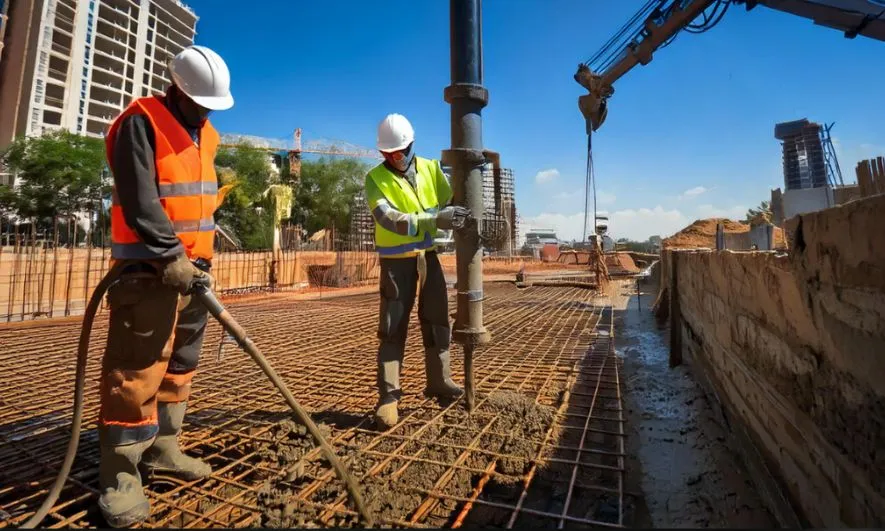 residential Construction contractors wearing safety gear are pouring concrete on a building site. They are standing on rebar with a crane in the background and several buildings under construction nearby, under a clear blue sky.