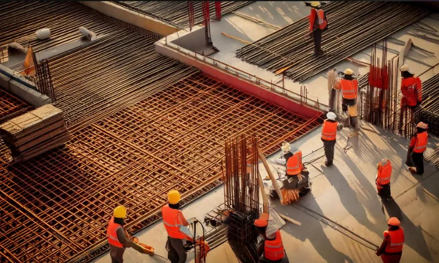 residential Construction contractors in orange vests and yellow helmets are gathered at a building site. They are standing among stacks of steel bars and rebar grids on a concrete foundation, preparing for further construction work in Bangalore