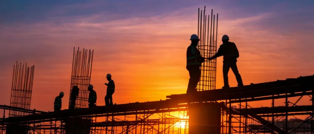 Silhouetted residential construction workers stand on scaffolding against a vibrant sunset. Steel bars rise towards the sky, highlighting the building framework in bangalore. The sky transitions from orange to purple, creating a dramatic backdrop for the scene.