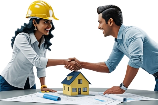 A home construction contractor woman in a hard hat and a man are shaking hands over a model house construction on a table with blueprints, indicating a successful agreement or collaboration. Both are smiling, suggesting a positive interaction in Bangalore