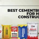 Image of various cement bags from different brands lined up in front of a wall. The text above reads Best Cement Brand for House Construction. Brands include Ultratech, ACC, Ambuja, Shree, Dalmia, and Birla-A1.