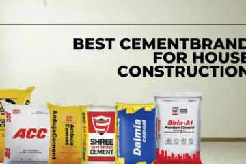 Image of various cement bags from different brands lined up in front of a wall. The text above reads Best Cement Brand for House Construction. Brands include Ultratech, ACC, Ambuja, Shree, Dalmia, and Birla-A1.