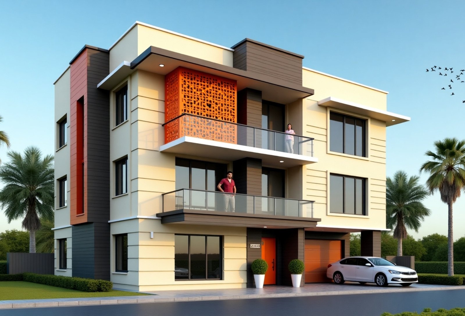 Modern three-story house with a flat roof and a mix of beige, dark brown, and orange paneling. The second floor features a decorative orange lattice. Large windows are seen throughout. A man stands on a balcony. A driveway with a car, palm trees, and birds in the sky complete the scene.