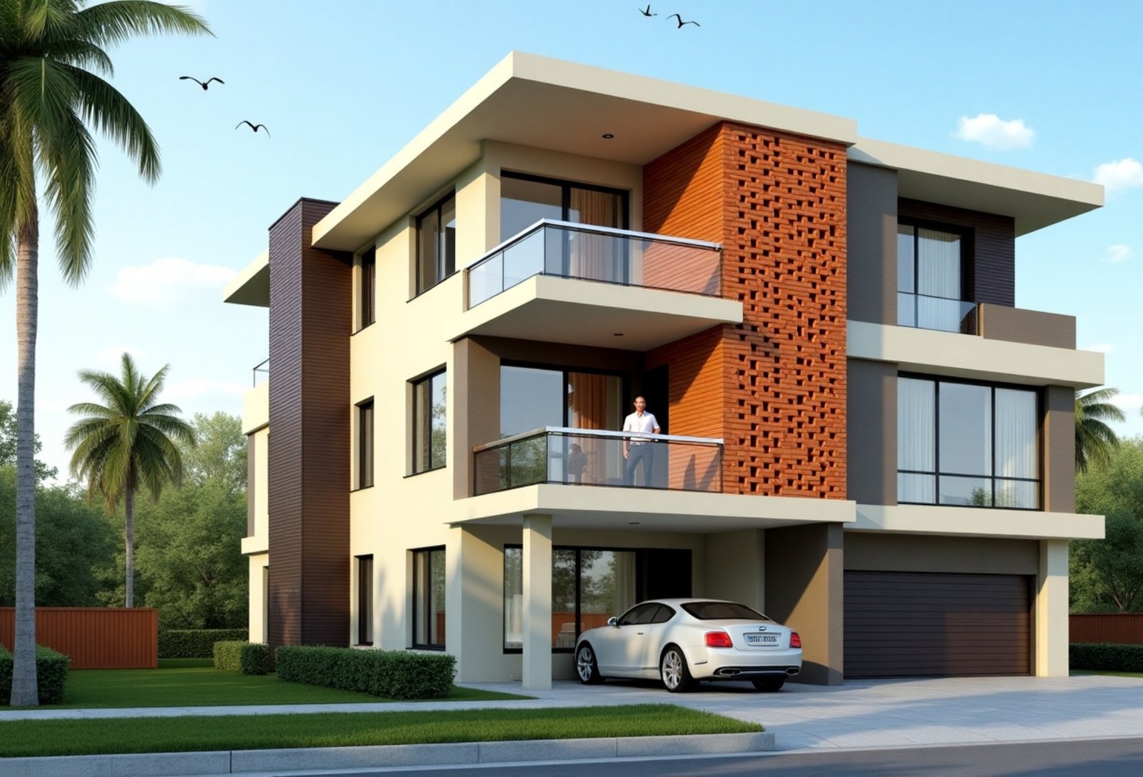 Modern three-story house with a flat roof and a mix of beige, dark brown, and orange paneling. The second floor features a decorative orange lattice. Large windows are seen throughout. A man stands on a balcony. A driveway with a car, palm trees, and birds in the sky complete the scene.