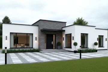 Modern white single-story house with flat roofs, featuring large windows and dark stone accents. The front has a small porch and a potted shrub. Black and white exterior lamps line the patterned pavement. A patch of green lawn in the foreground. Cloudy sky backdrop.